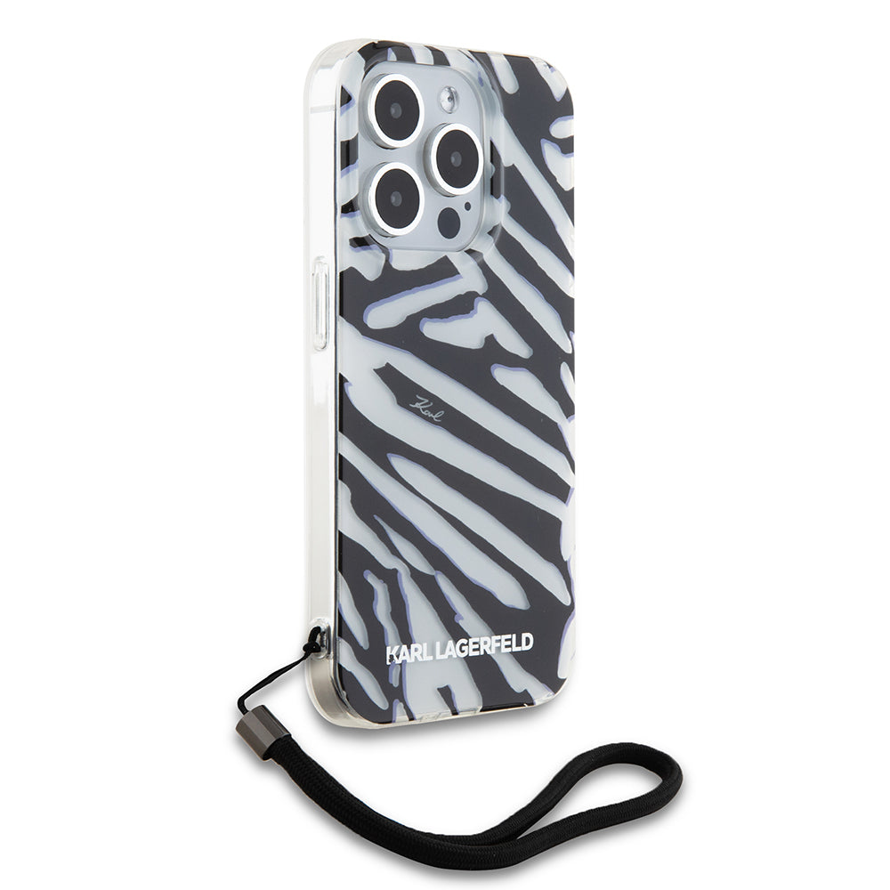 Etui til Apple iPhone 15 Pro, Karl Lagerfeld, IML Luxury Zebra Pattern with Strap, Sort