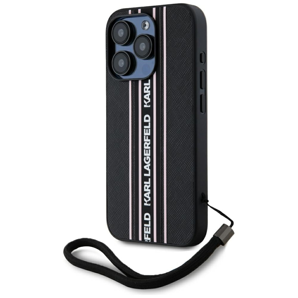 Etui til Apple iPhone 15 Pro, Karl Lagerfeld, Saffiano Athleisure Stripes med Strop, Pink
