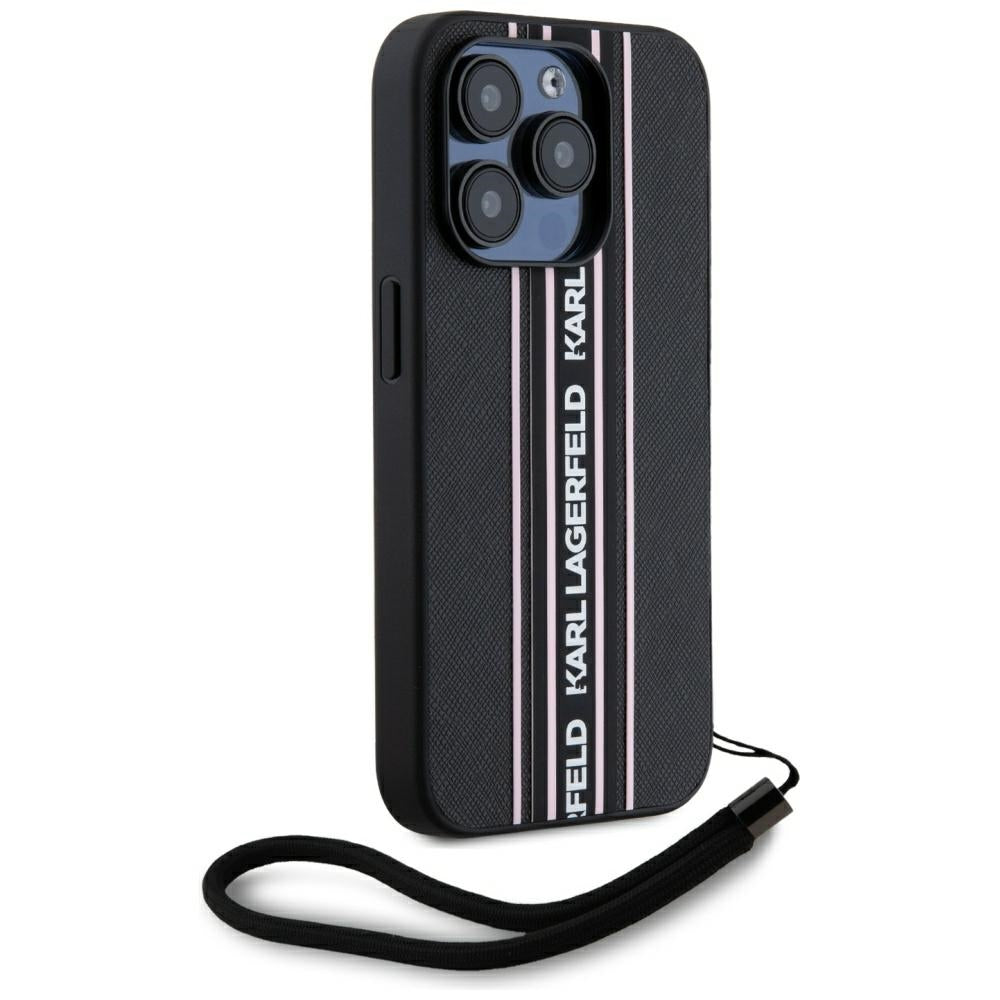 Etui til Apple iPhone 15 Pro, Karl Lagerfeld, Saffiano Athleisure Stripes med Strop, Pink