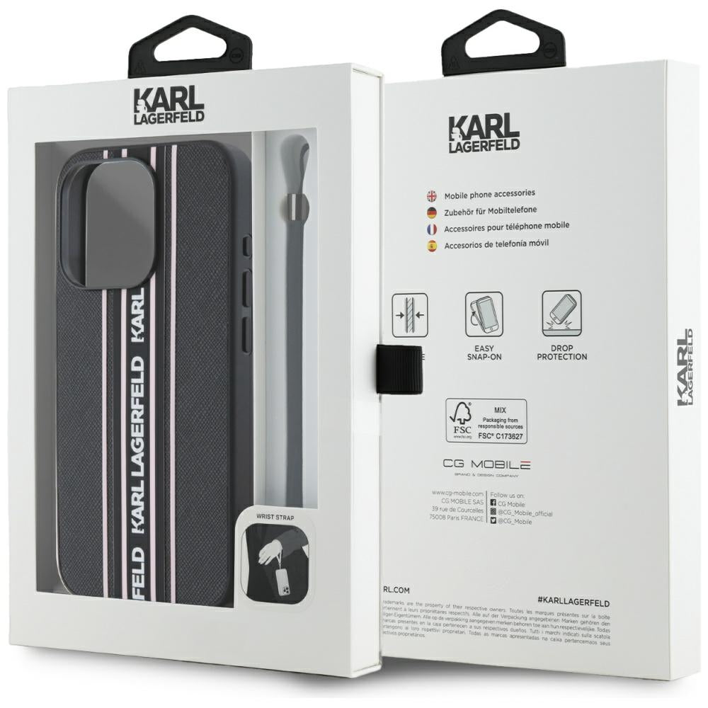 Etui til Apple iPhone 15 Pro, Karl Lagerfeld, Saffiano Athleisure Stripes med Strop, Pink