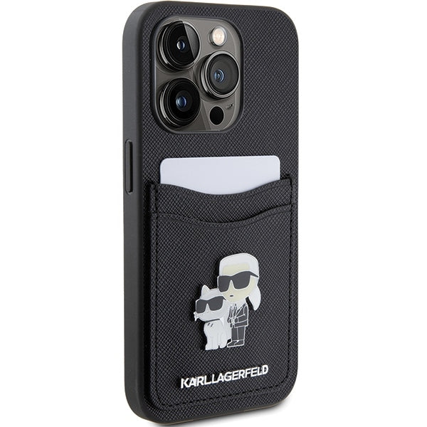 Etui til Apple iPhone 15 Pro, Karl Lagerfeld, Saffiano Card Slot Metal Karl & Choupette, Sort