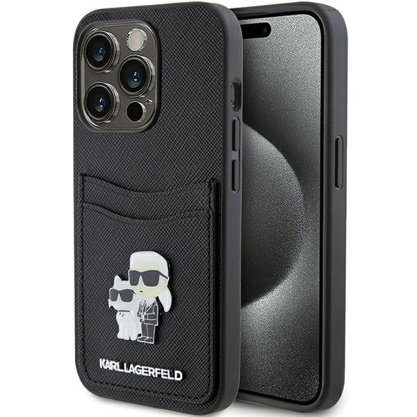Etui til Apple iPhone 15 Pro, Karl Lagerfeld, Saffiano Card Slot Metal Karl & Choupette, Sort