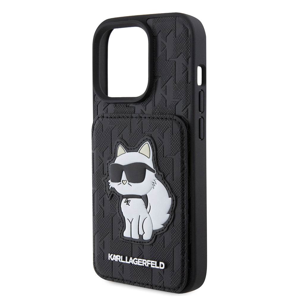 Case for Apple iPhone 15 Pro, Karl Lagerfeld, Saffiano Cardslots and Stand Monogram Choupette, Black