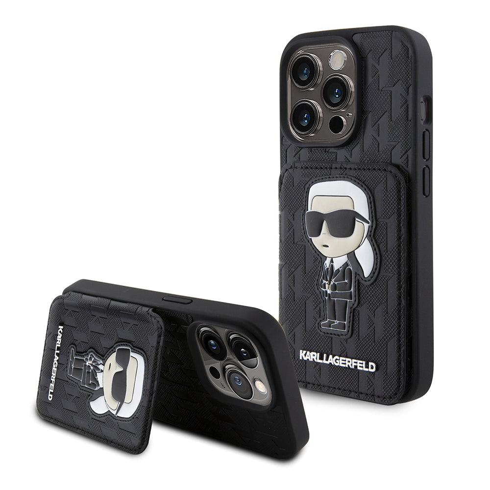 Etui til Apple iPhone 15 Pro, Karl Lagerfeld, Saffiano Cardslots and Stand Monogram Ikonik Karl, Sort