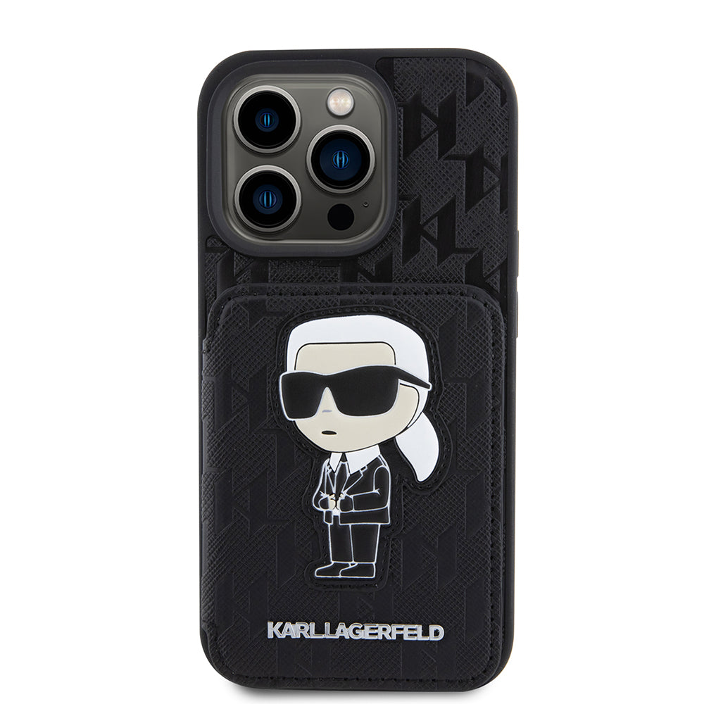 Etui til Apple iPhone 15 Pro, Karl Lagerfeld, Saffiano Cardslots and Stand Monogram Ikonik Karl, Sort