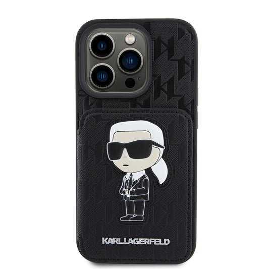 Etui til Apple iPhone 15 Pro, Karl Lagerfeld, Saffiano Cardslots and Stand Monogram Ikonik Karl, Sort