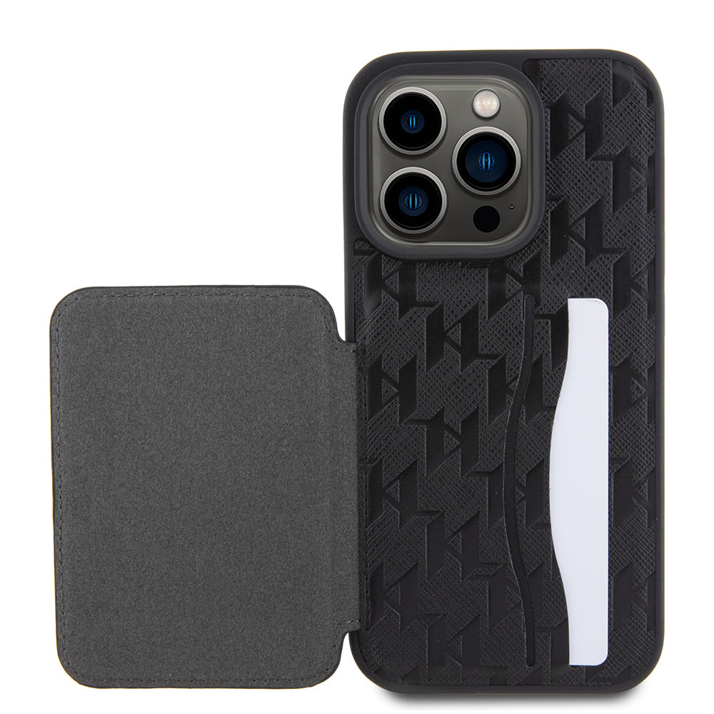 Etui til Apple iPhone 15 Pro, Karl Lagerfeld, Saffiano Cardslots and Stand Monogram Ikonik Karl, Sort