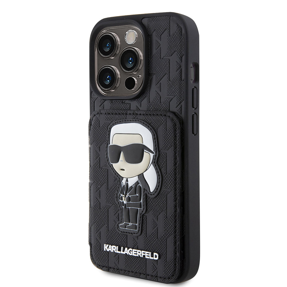 Etui til Apple iPhone 15 Pro, Karl Lagerfeld, Saffiano Cardslots and Stand Monogram Ikonik Karl, Sort