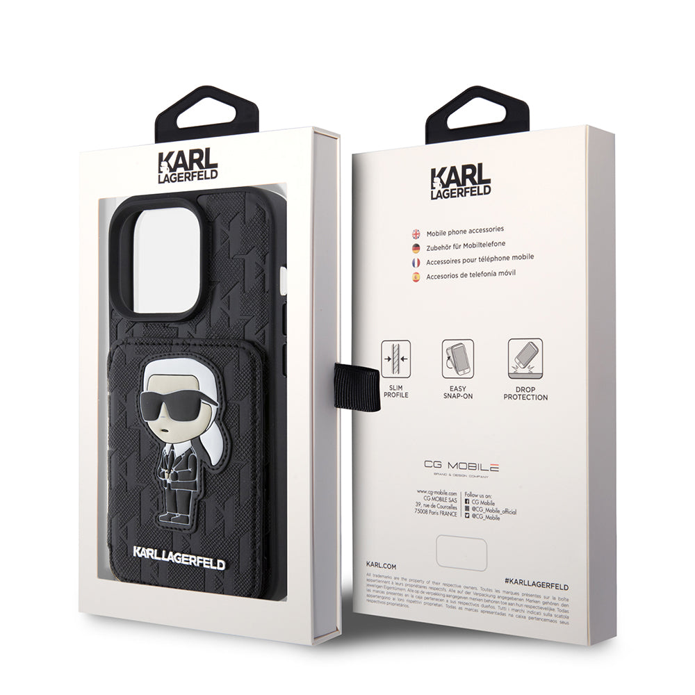 Etui til Apple iPhone 15 Pro, Karl Lagerfeld, Saffiano Cardslots and Stand Monogram Ikonik Karl, Sort