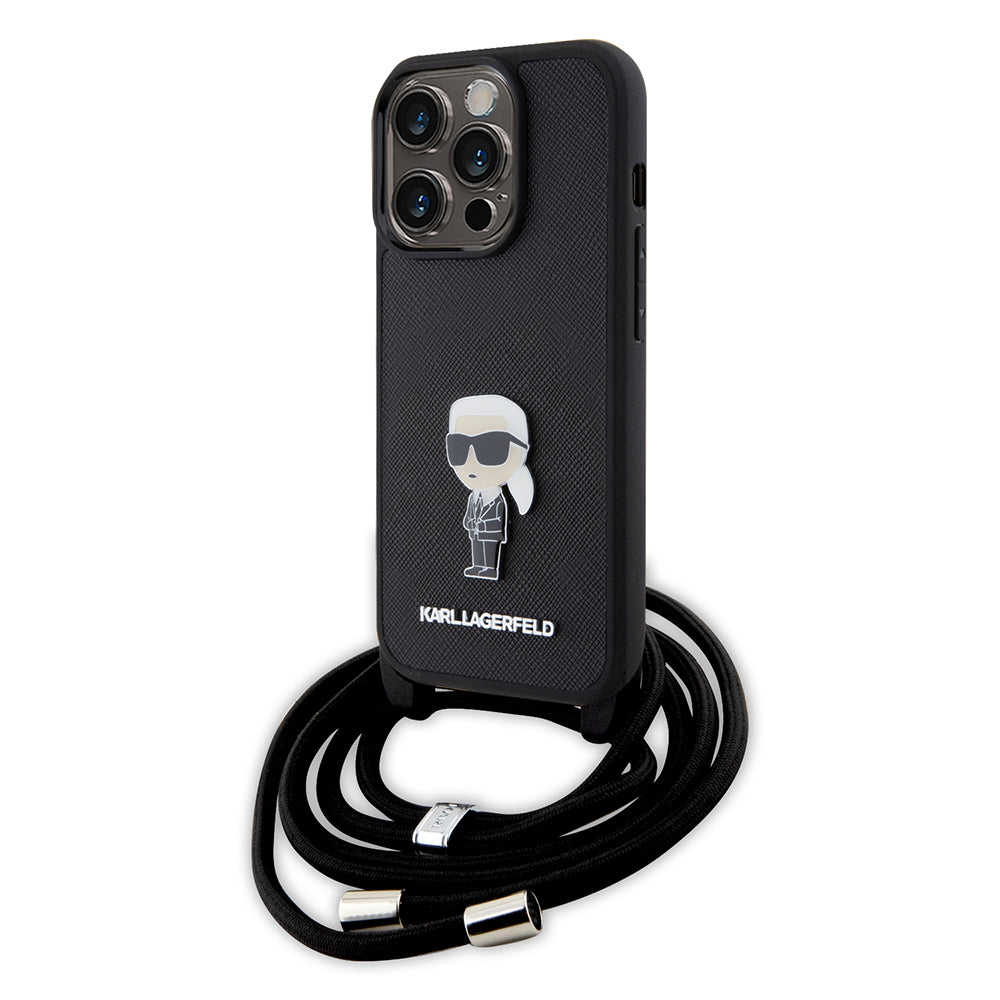 Etui til Apple iPhone 15 Pro, Karl Lagerfeld, Saffiano Crossbody Monogram Metal Pin Karl, Sort