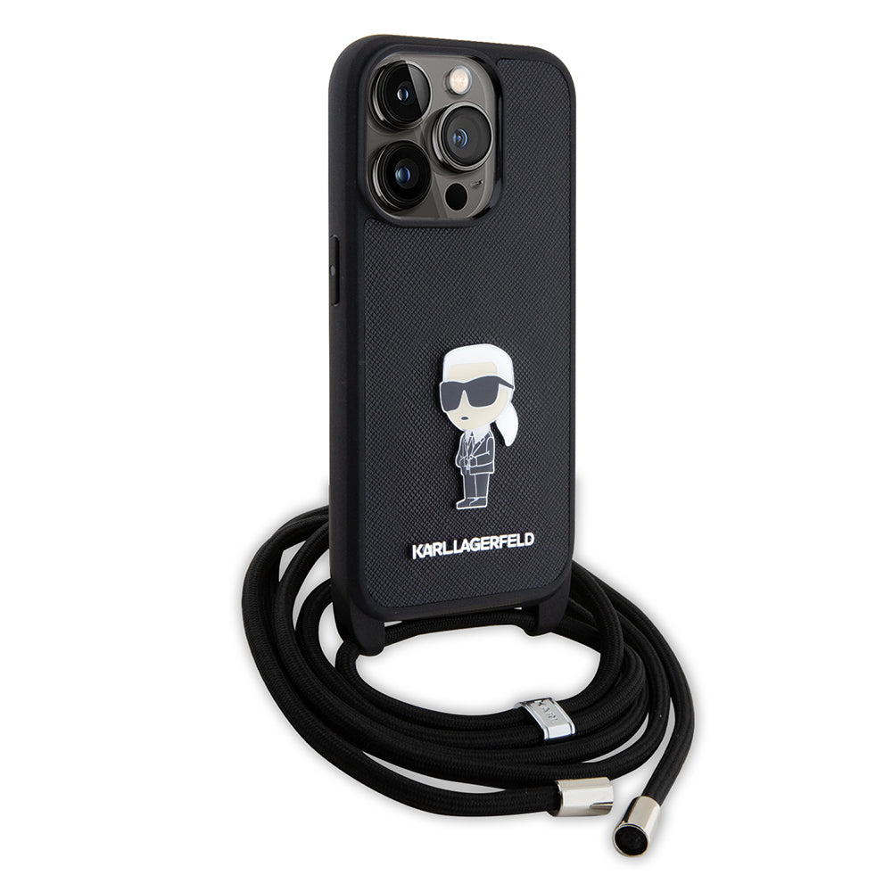 Etui til Apple iPhone 15 Pro, Karl Lagerfeld, Saffiano Crossbody Monogram Metal Pin Karl, Sort