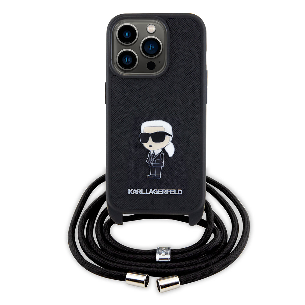 Etui til Apple iPhone 15 Pro, Karl Lagerfeld, Saffiano Crossbody Monogram Metal Pin Karl, Sort