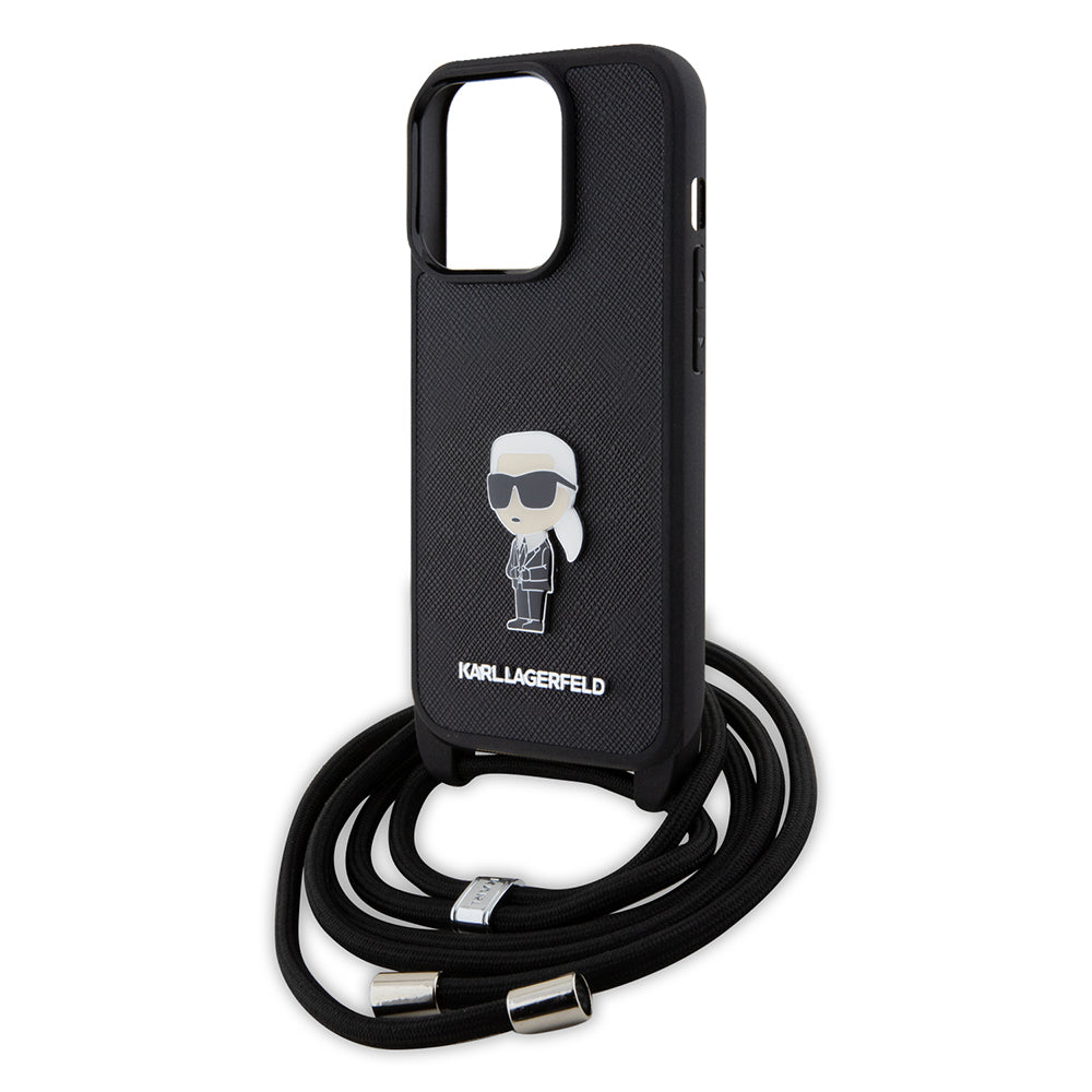 Etui til Apple iPhone 15 Pro, Karl Lagerfeld, Saffiano Crossbody Monogram Metal Pin Karl, Sort