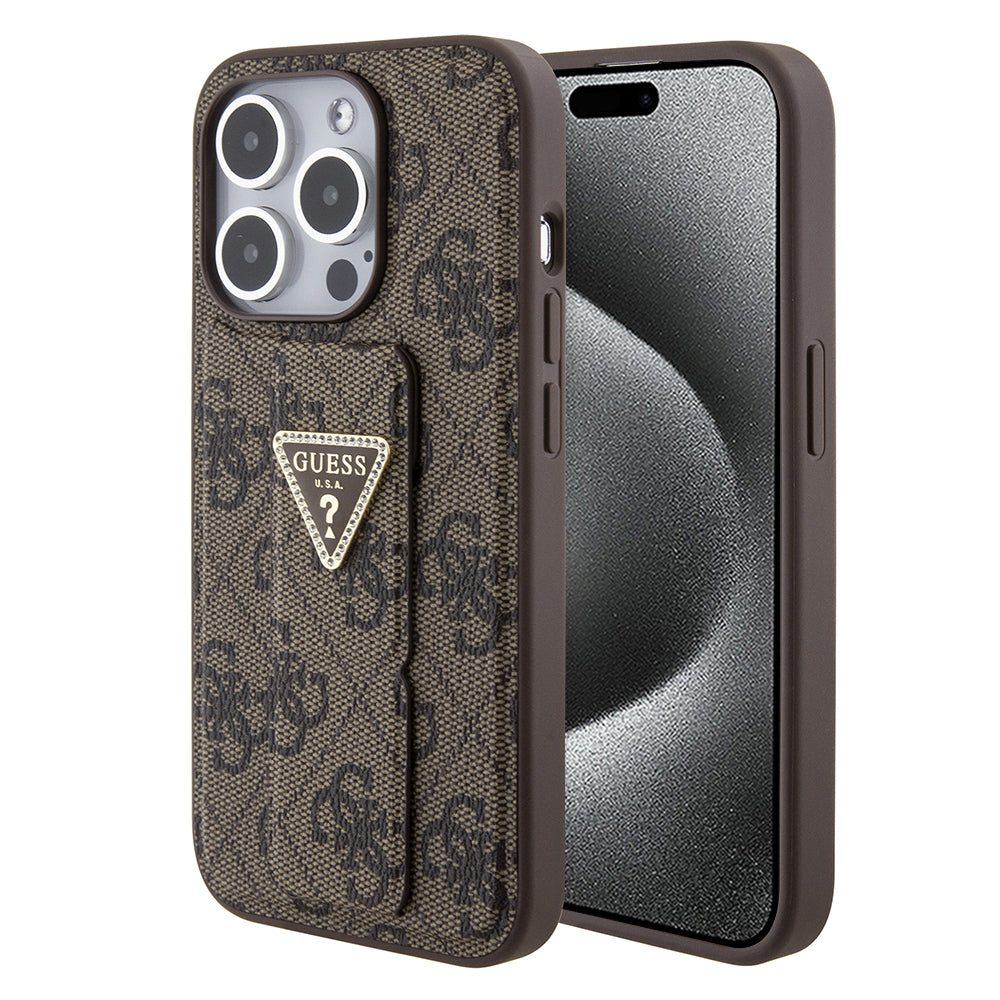 Etui til Apple iPhone 15 Pro Max, Guess, Grip Stand 4G Triangle Strass, Brun