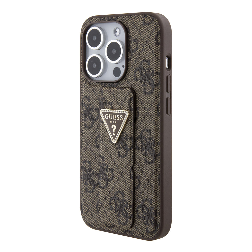 Etui til Apple iPhone 15 Pro Max, Guess, Grip Stand 4G Triangle Strass, Brun