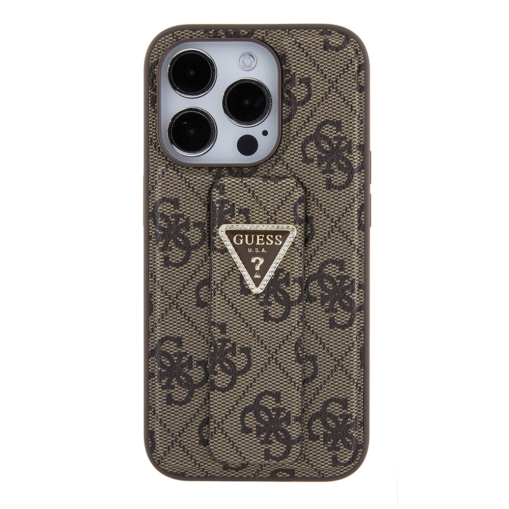 Etui til Apple iPhone 15 Pro Max, Guess, Grip Stand 4G Triangle Strass, Brun