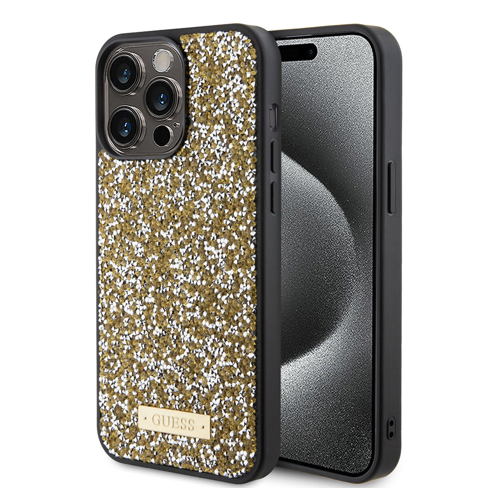 Etui til Apple iPhone 15 Pro Max, Guess, Rhinestone Metal Logo, Gul