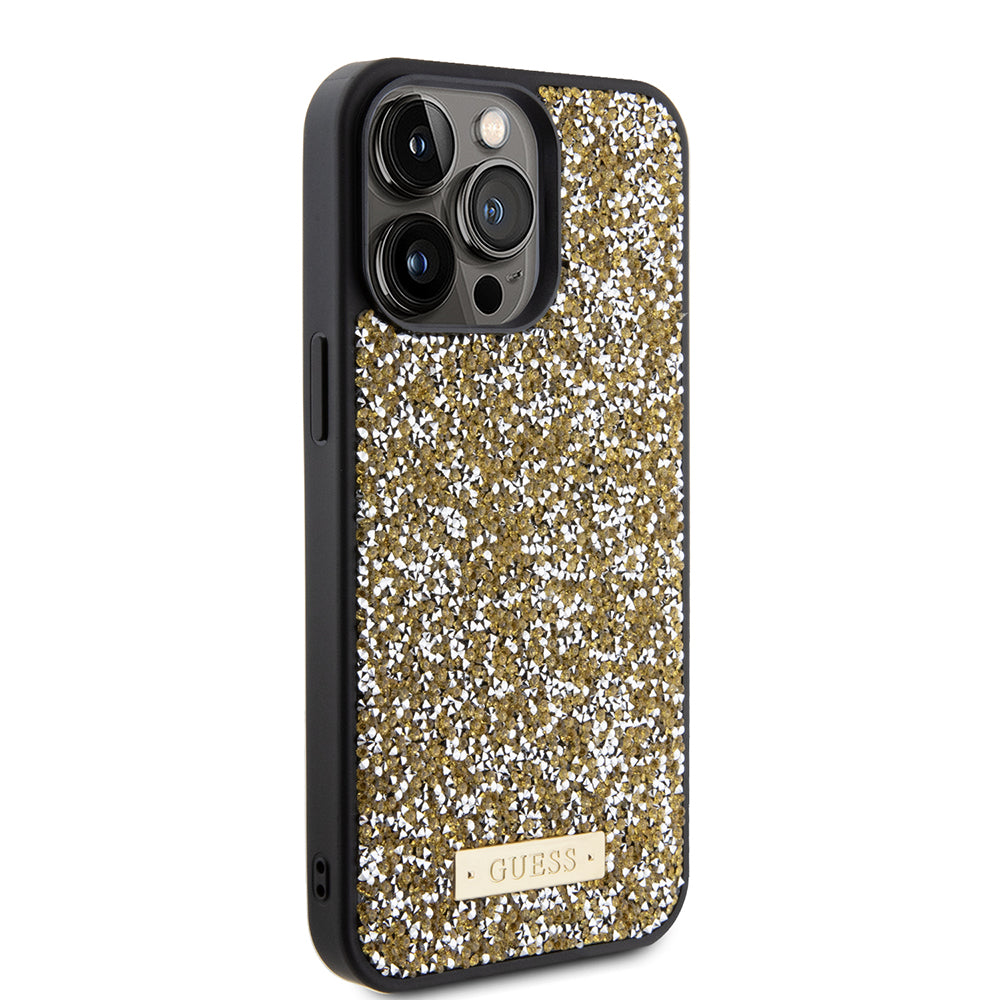 Etui til Apple iPhone 15 Pro Max, Guess, Rhinestone Metal Logo, Gul