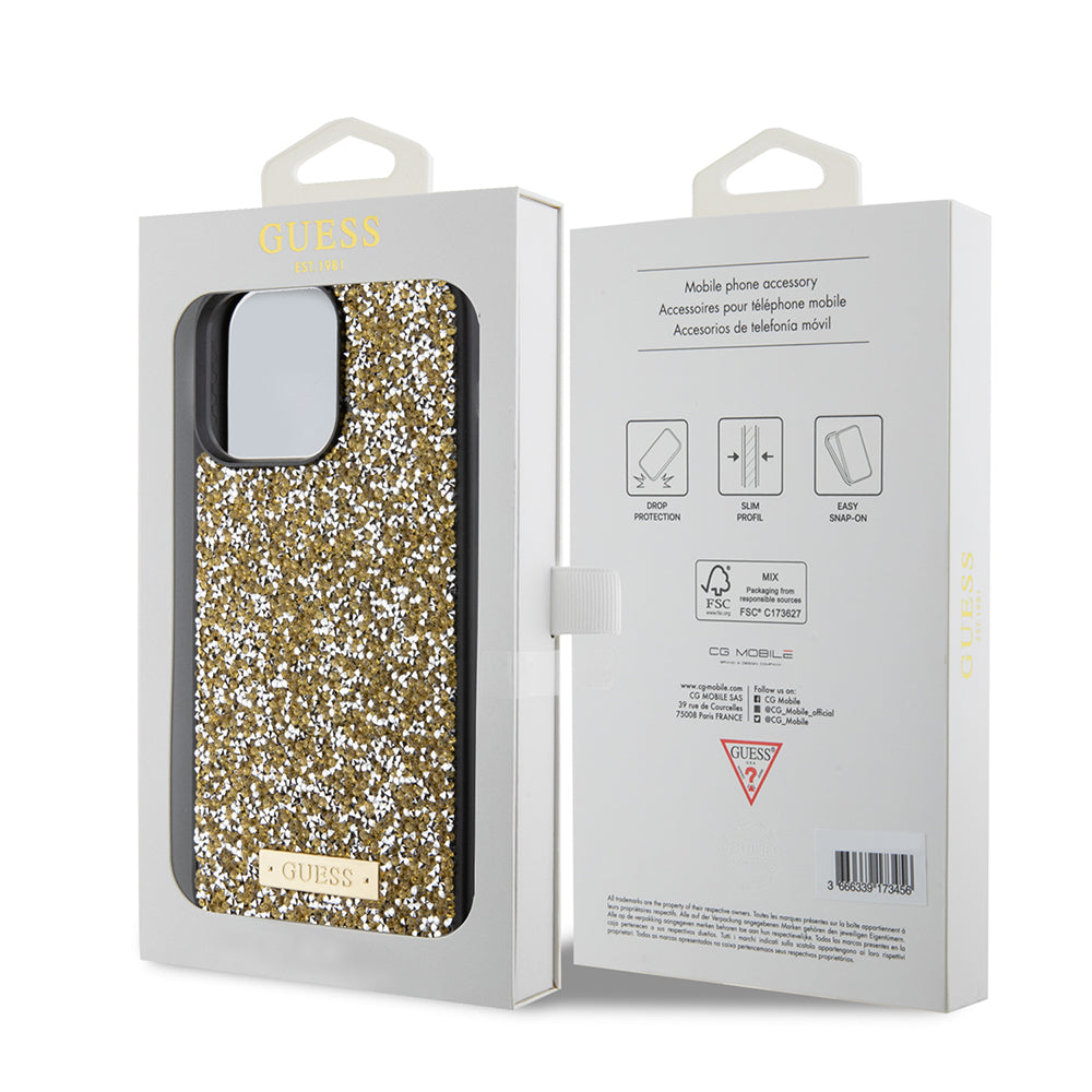 Etui til Apple iPhone 15 Pro Max, Guess, Rhinestone Metal Logo, Gul