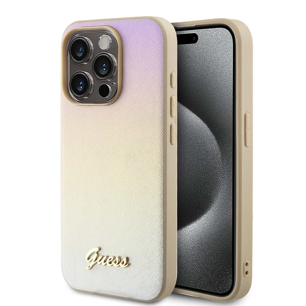 Etui til Apple iPhone 15 Pro Max, Guess, Saffiano Iridescent Script, Gylden