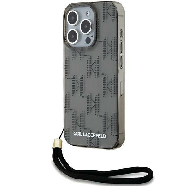 Etui til Apple iPhone 15 Pro Max, Karl Lagerfeld, IML Luxury Monogram KL Mønster med Strop, Sort