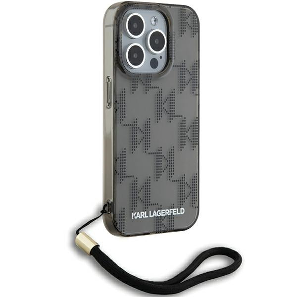 Etui til Apple iPhone 15 Pro Max, Karl Lagerfeld, IML Luxury Monogram KL Mønster med Strop, Sort