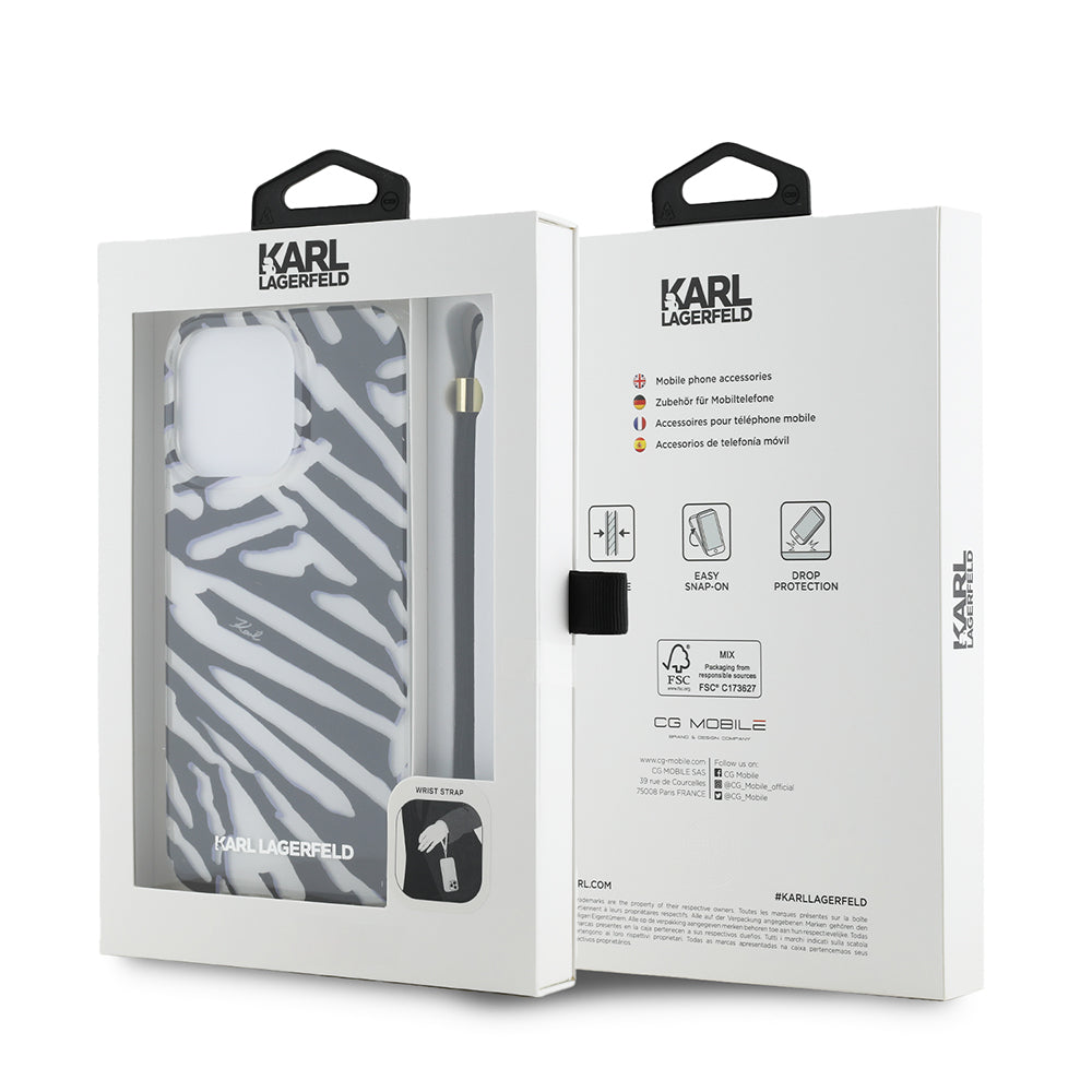 Etui til Apple iPhone 15 Pro Max, Karl Lagerfeld, IML Luxury Zebra Mønster med Strop, Sort