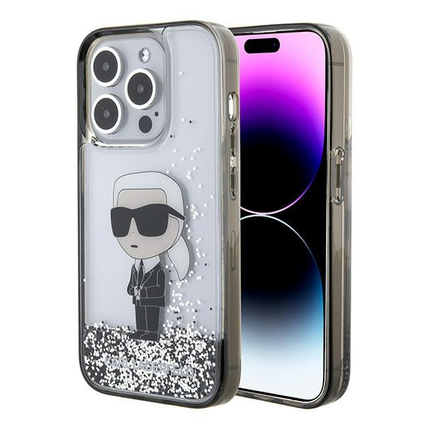 Etui til Apple iPhone 15 Pro Max, Karl Lagerfeld, Liquid Glitter Ikonik Karl, Gennemsigtig