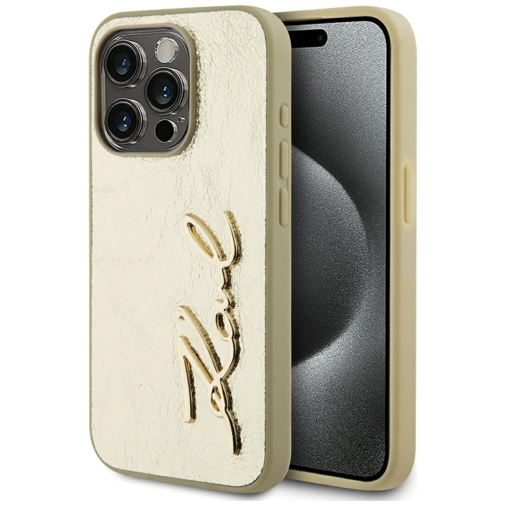 Etui til Apple iPhone 15 Pro Max, Karl Lagerfeld, Metal Signature, Gylden