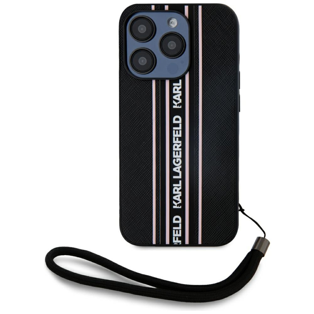 Etui til Apple iPhone 15 Pro Max, Karl Lagerfeld, Saffiano Athleisure Stripes med Strop, Pink