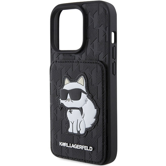 Etui til Apple iPhone 15 Pro Max, Karl Lagerfeld, Saffiano Cardslots and Stand Monogram Choupette, Sort