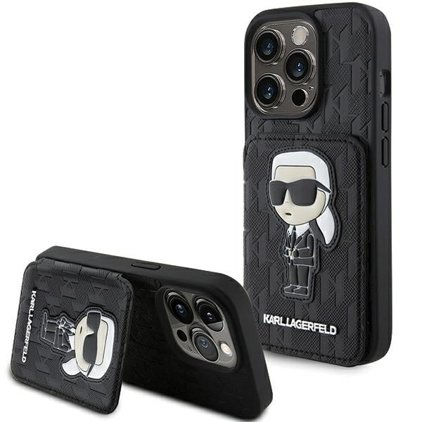 Etui til Apple iPhone 15 Pro Max, Karl Lagerfeld, Saffiano Cardslots and Stand Monogram Ikonik Karl, Sort