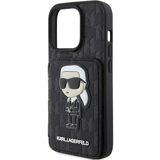 Etui til Apple iPhone 15 Pro Max, Karl Lagerfeld, Saffiano Cardslots and Stand Monogram Ikonik Karl, Sort