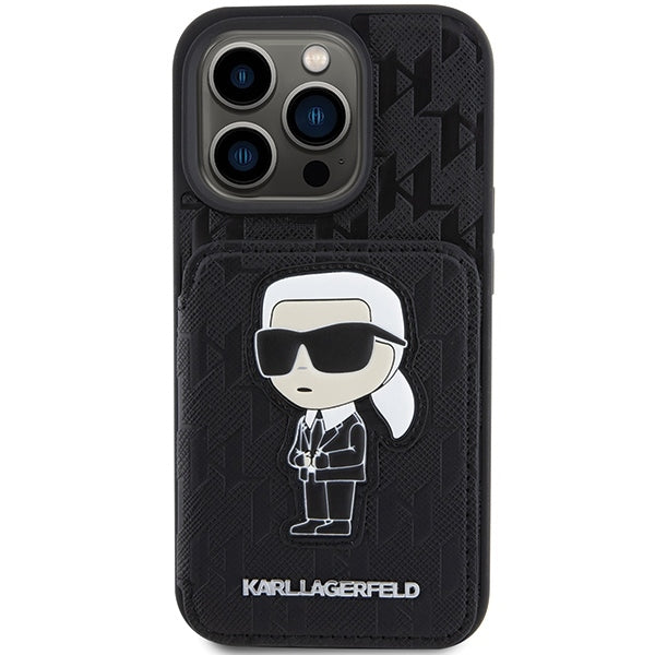Etui til Apple iPhone 15 Pro Max, Karl Lagerfeld, Saffiano Cardslots and Stand Monogram Ikonik Karl, Sort