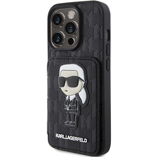 Etui til Apple iPhone 15 Pro Max, Karl Lagerfeld, Saffiano Cardslots and Stand Monogram Ikonik Karl, Sort