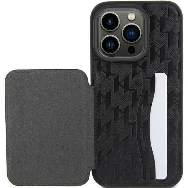 Etui til Apple iPhone 15 Pro Max, Karl Lagerfeld, Saffiano Cardslots and Stand Monogram Ikonik Karl, Sort