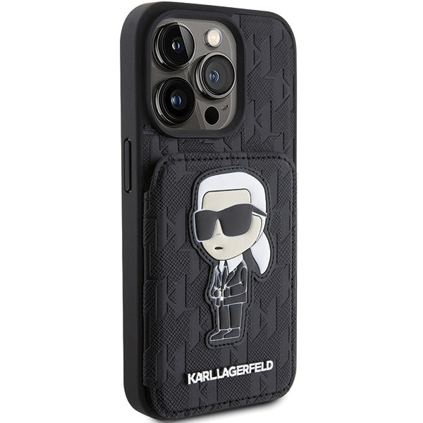 Etui til Apple iPhone 15 Pro Max, Karl Lagerfeld, Saffiano Cardslots and Stand Monogram Ikonik Karl, Sort