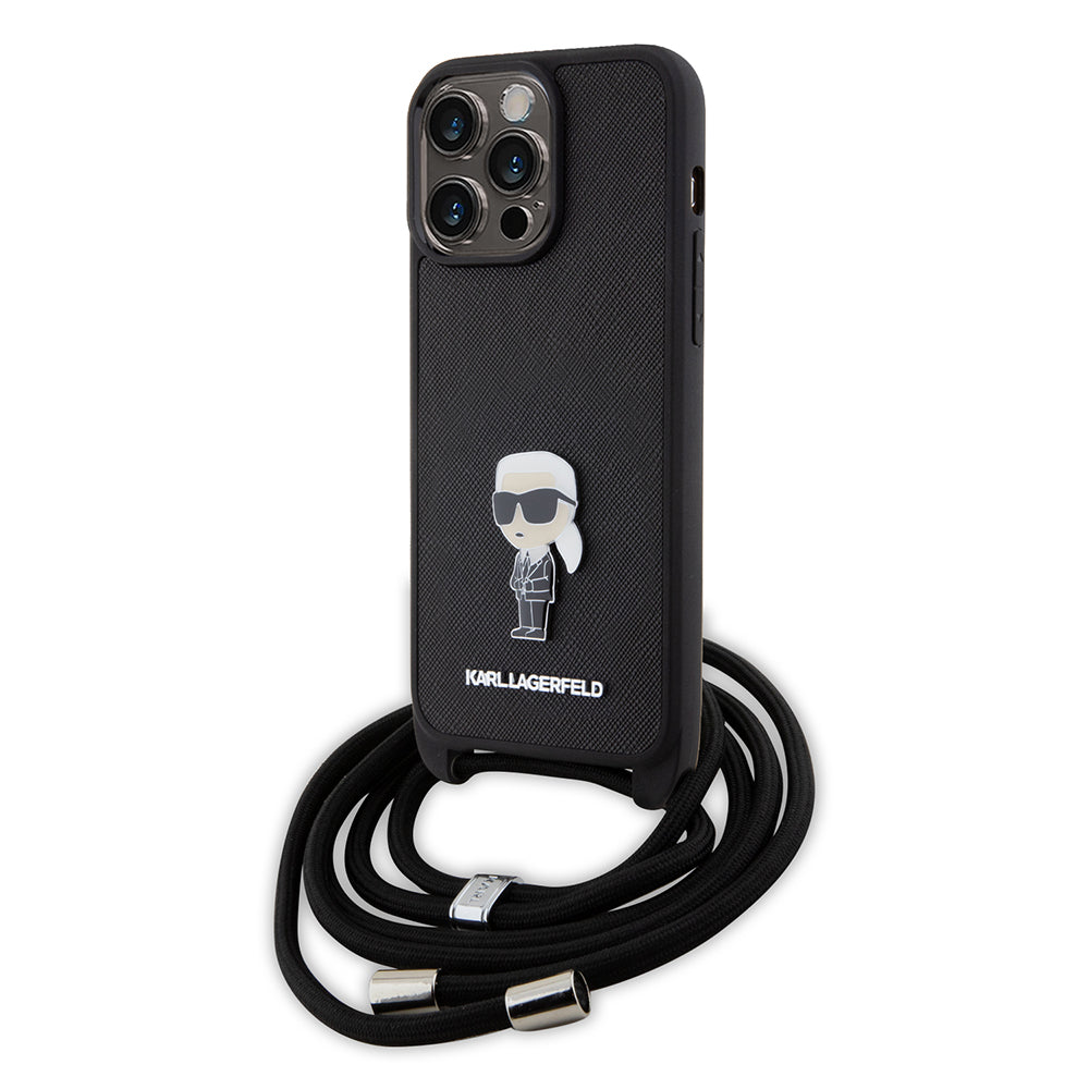 Etui til Apple iPhone 15 Pro Max, Karl Lagerfeld, Saffiano Crossbody Monogram Metal Pin Karl, Sort