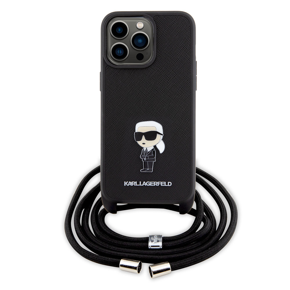 Etui til Apple iPhone 15 Pro Max, Karl Lagerfeld, Saffiano Crossbody Monogram Metal Pin Karl, Sort