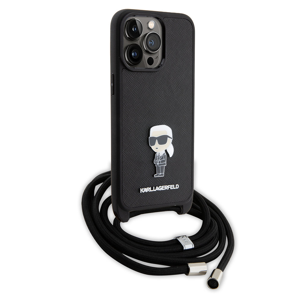 Etui til Apple iPhone 15 Pro Max, Karl Lagerfeld, Saffiano Crossbody Monogram Metal Pin Karl, Sort