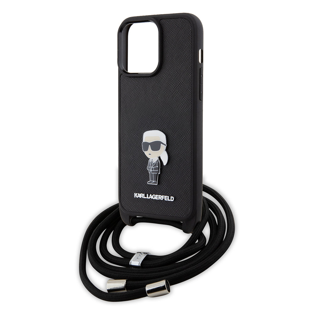 Etui til Apple iPhone 15 Pro Max, Karl Lagerfeld, Saffiano Crossbody Monogram Metal Pin Karl, Sort