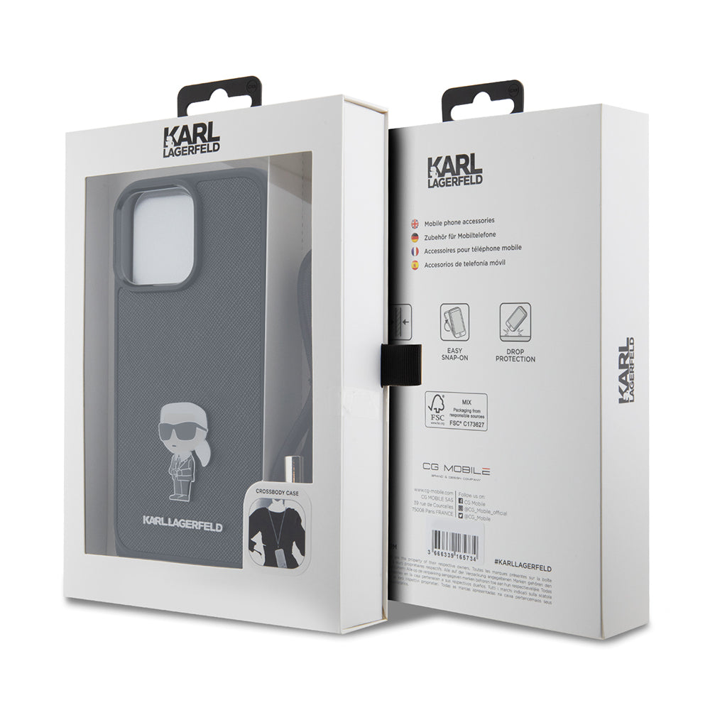 Etui til Apple iPhone 15 Pro Max, Karl Lagerfeld, Saffiano Crossbody Monogram Metal Pin Karl, Sort