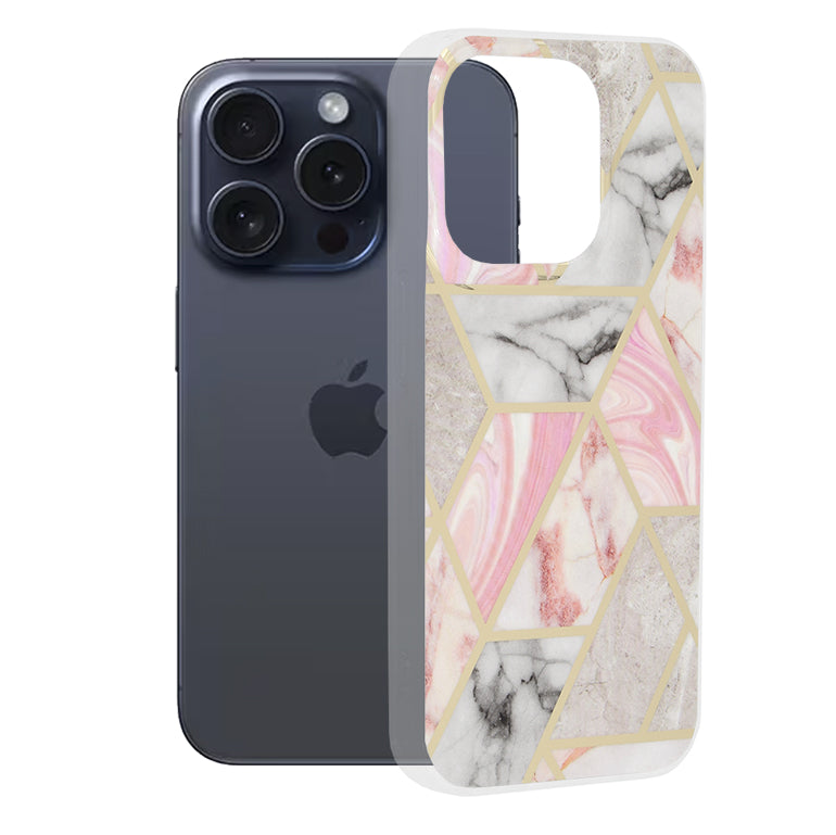 Cover til Apple iPhone 15 Pro, Techsuit, Marble, Pink
