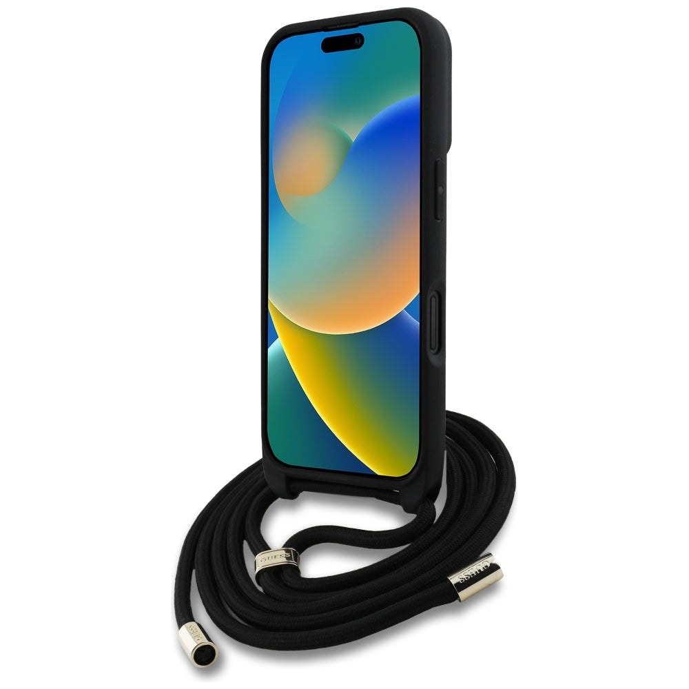 Etui til Apple iPhone 16, Guess, 4G CBDY Big Logo med snorestrop, Sort
