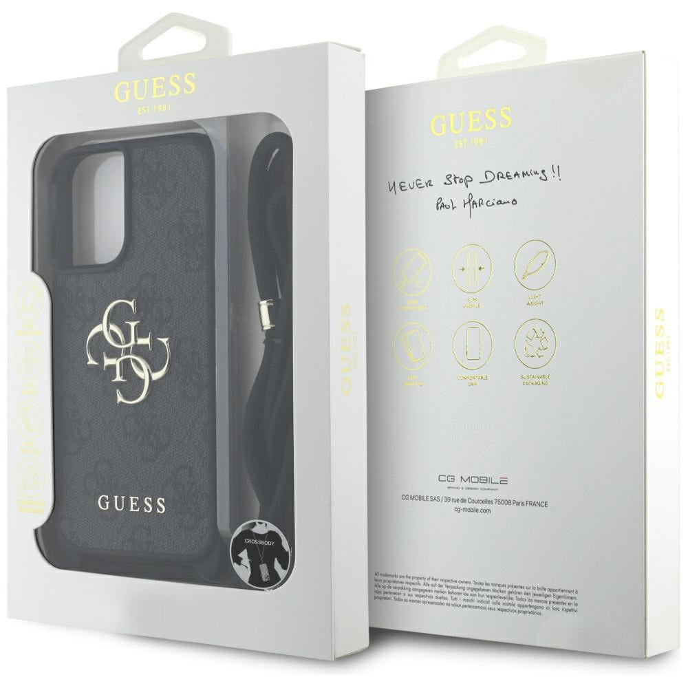 Etui til Apple iPhone 16, Guess, 4G CBDY Big Logo med snorestrop, Sort