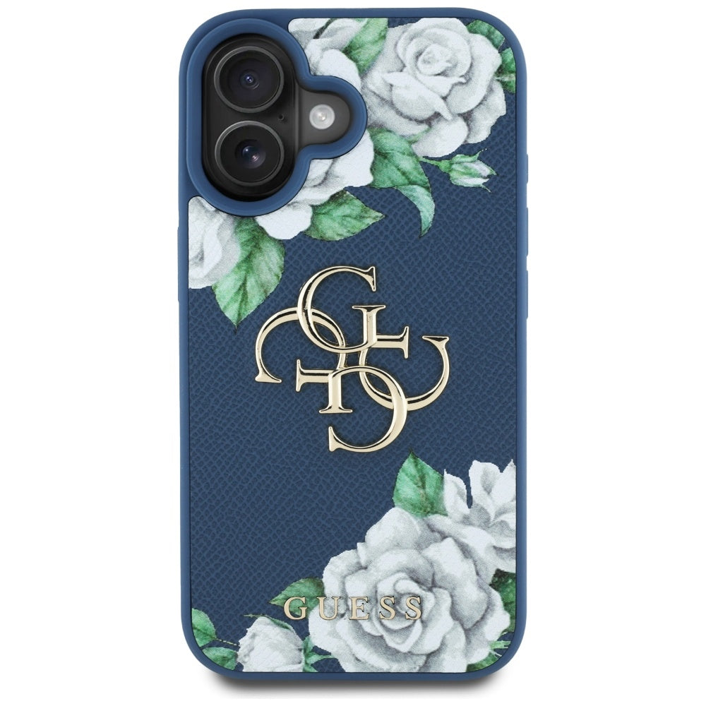 Etui til Apple iPhone 16, Guess, 4G Grained Roses Big Logo, Blå