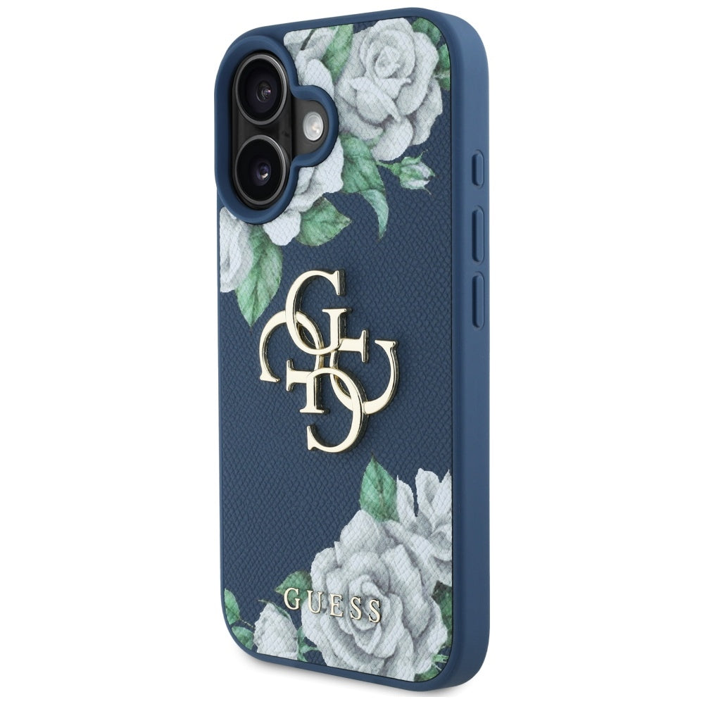 Etui til Apple iPhone 16, Guess, 4G Grained Roses Big Logo, Blå