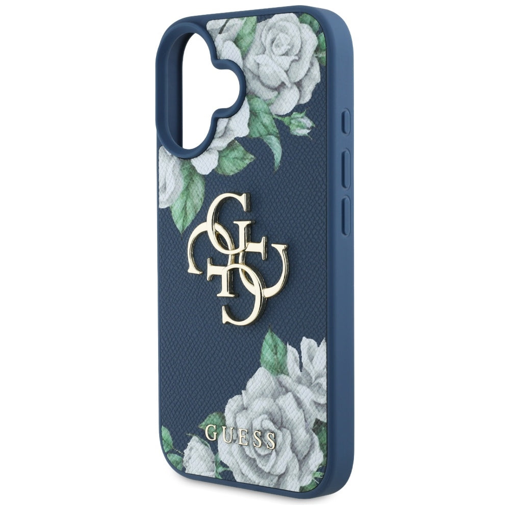 Etui til Apple iPhone 16, Guess, 4G Grained Roses Big Logo, Blå