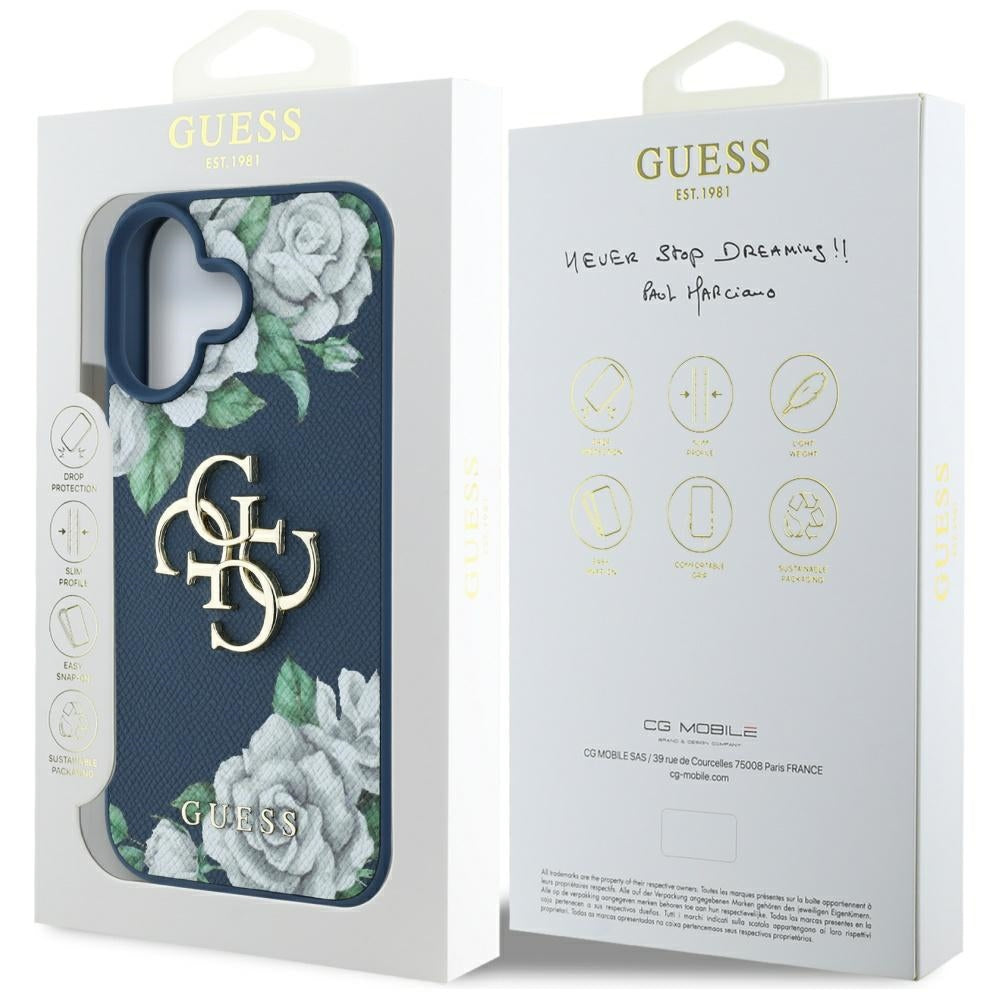 Etui til Apple iPhone 16, Guess, 4G Grained Roses Big Logo, Blå