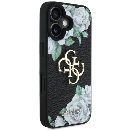 Etui til Apple iPhone 16, Guess, 4G Grained Roses Big Logo, Sort